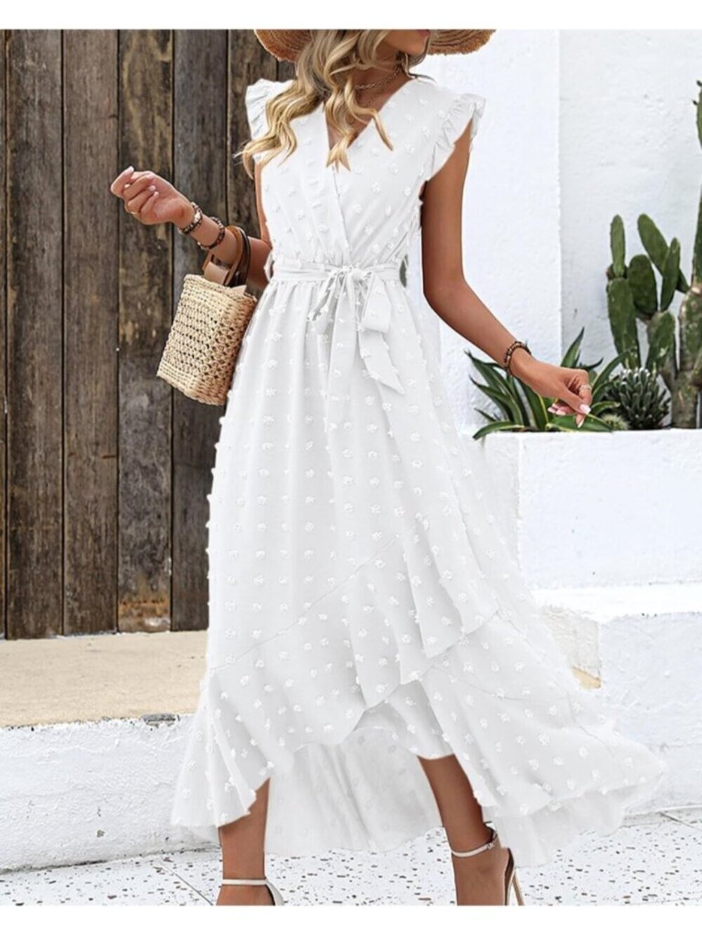 Women's White Swiss Dot Cap Sleeve V Neck Tie Waist Imported Causal Maxi Dress - Picture 6 of 6